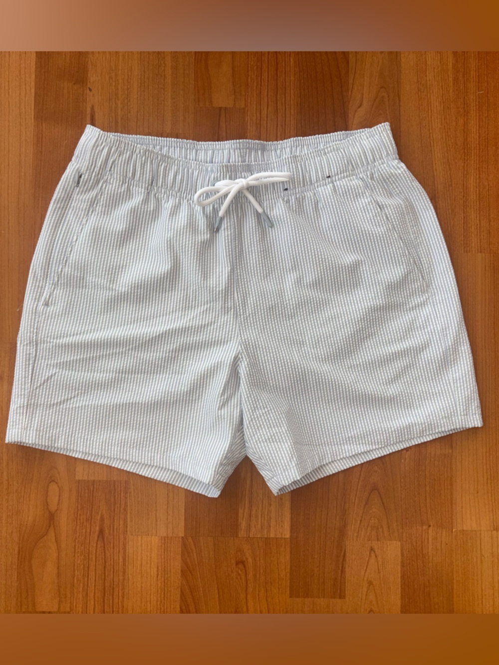 Hollister Men’s Seersucker Swim Trunks Size S Blue White Drawstring preppy EUC